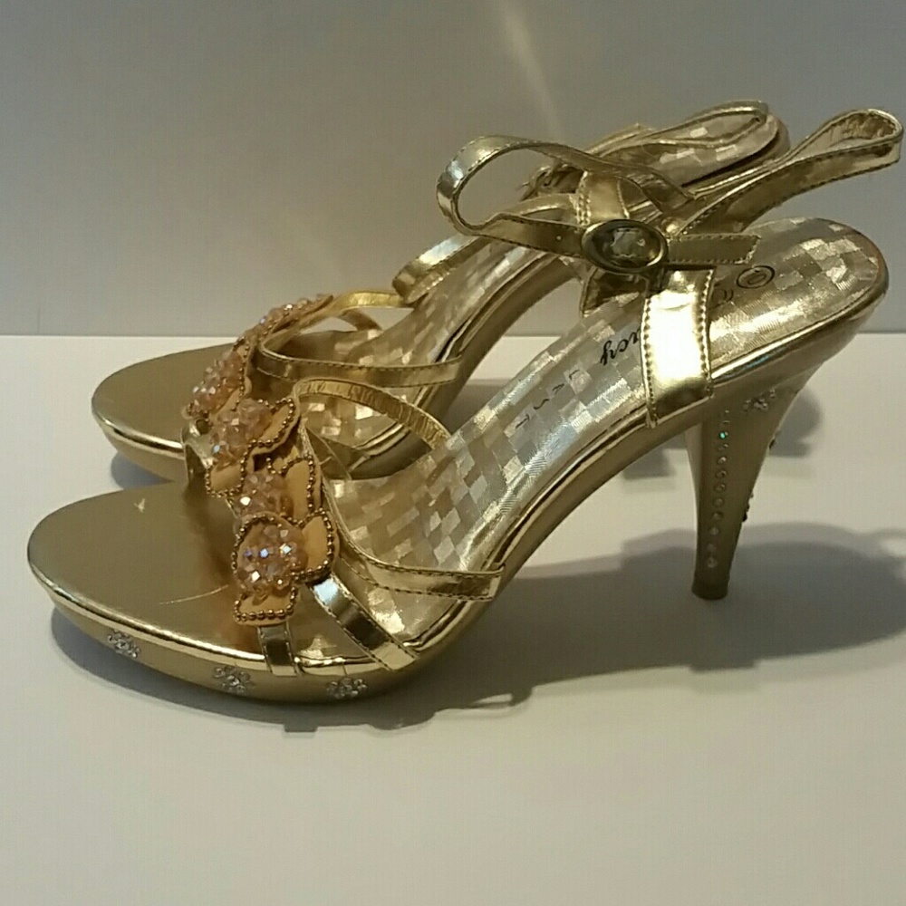 Gold and Rhinestone Embellished Strappy Heel